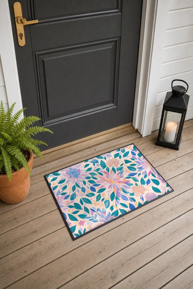 Turquoise and Lilac Floral Print Doormat, 40x60 cm, with Non-Slip Sole, Decorative