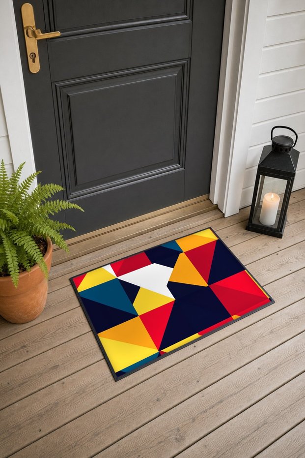 Red, Yellow, and Navy Blue Triangle Geometric Patterned Doormat, 40x60 cm, Non-Slip Sole, Decorative