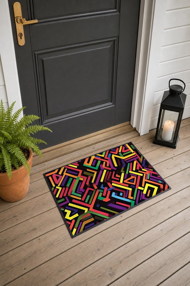 Black Neon-Colored Door Mat with Labyrinth Striped Pattern, 40x60 cm, Non-Slip Sole, Decorative