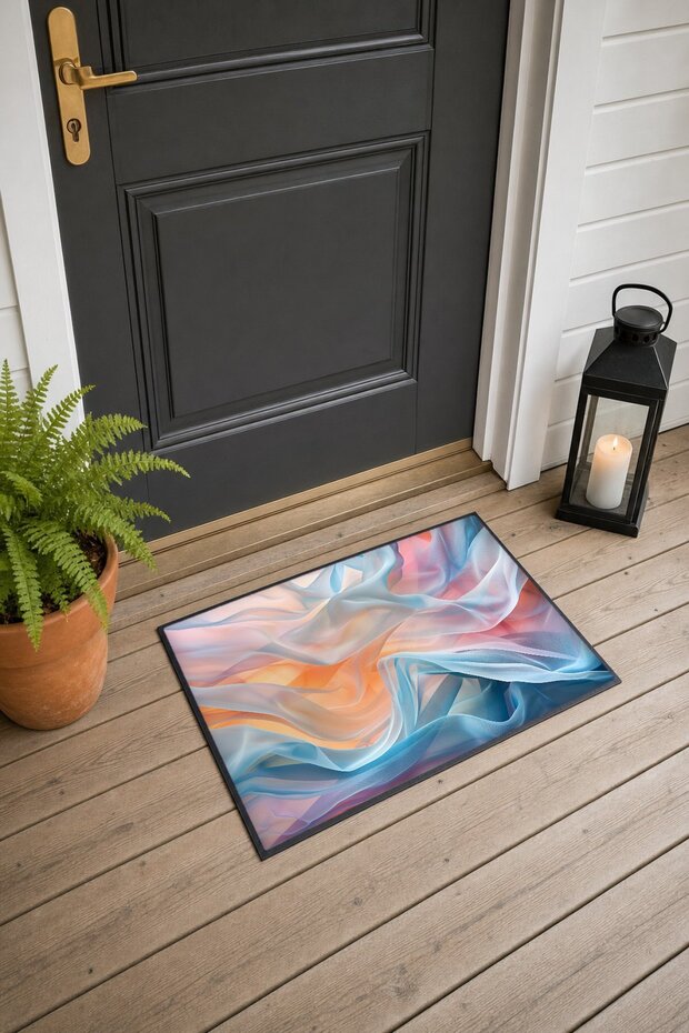 Blue Peach Tulle Wavy-Patterned Doormat, 40x60 cm, with Non-Slip Sole, Decorative