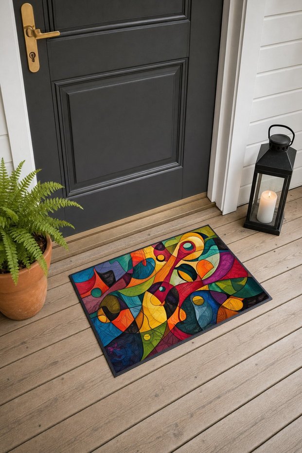 Colorful Abstract Patterned 951 Doormat, 40x60 cm, Non-Slip Sole, Decorative