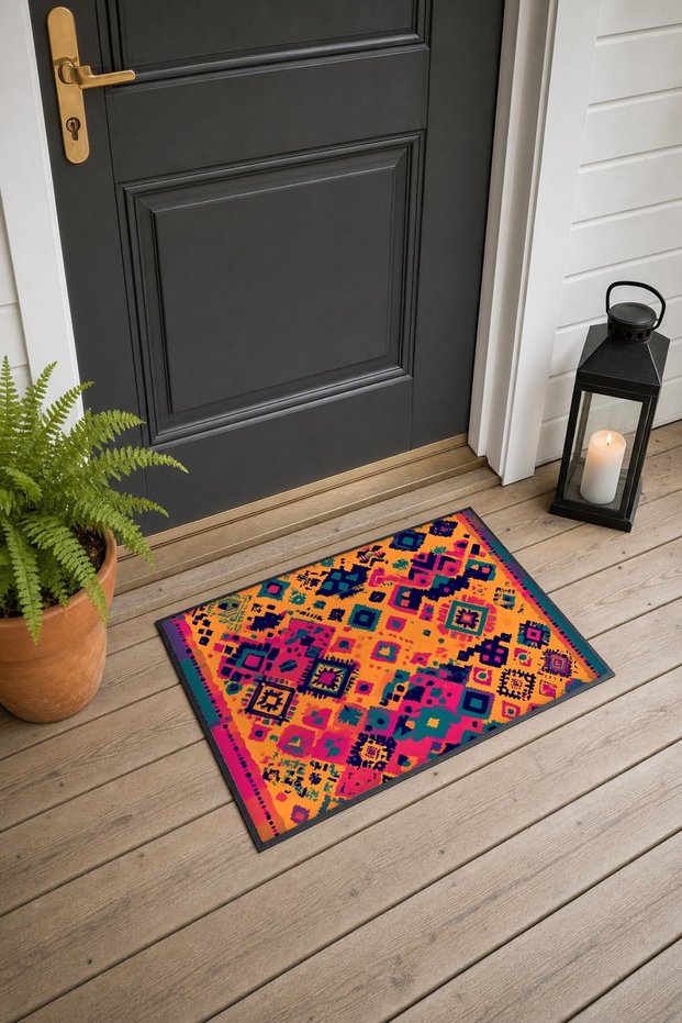 Orange and Pink Guatemala-Style Patterned Woven Doormat, 40x60 cm, with Non-Slip Sole, Decorative