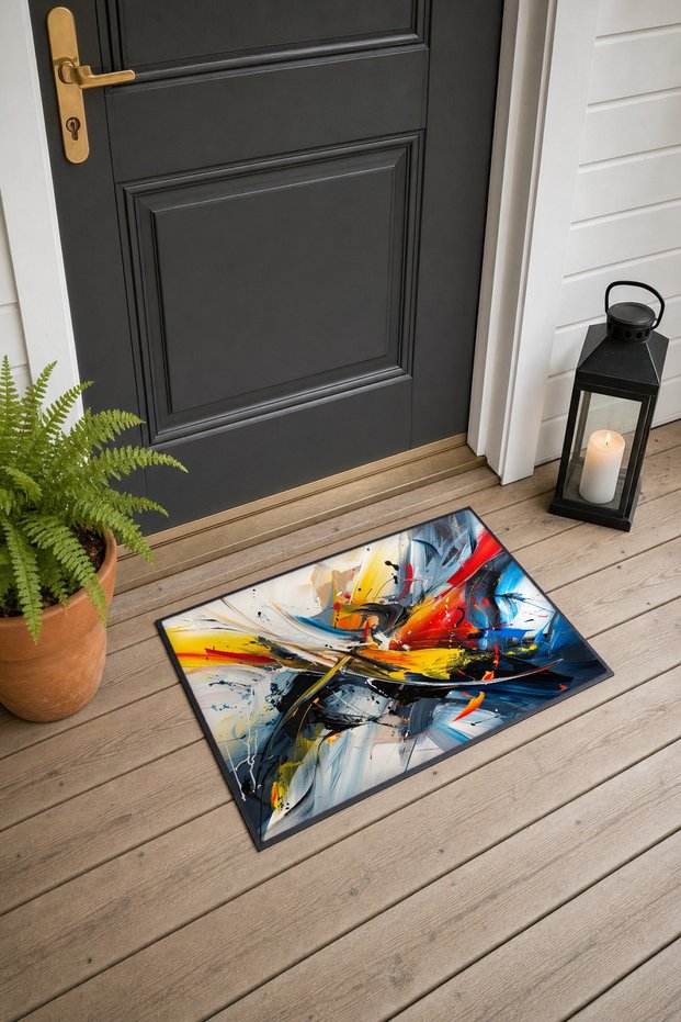 Yellow and Red "Exploding Brush Stroke" Patterned Doormat, 40x60 cm, with Non-Slip Sole, Decorative