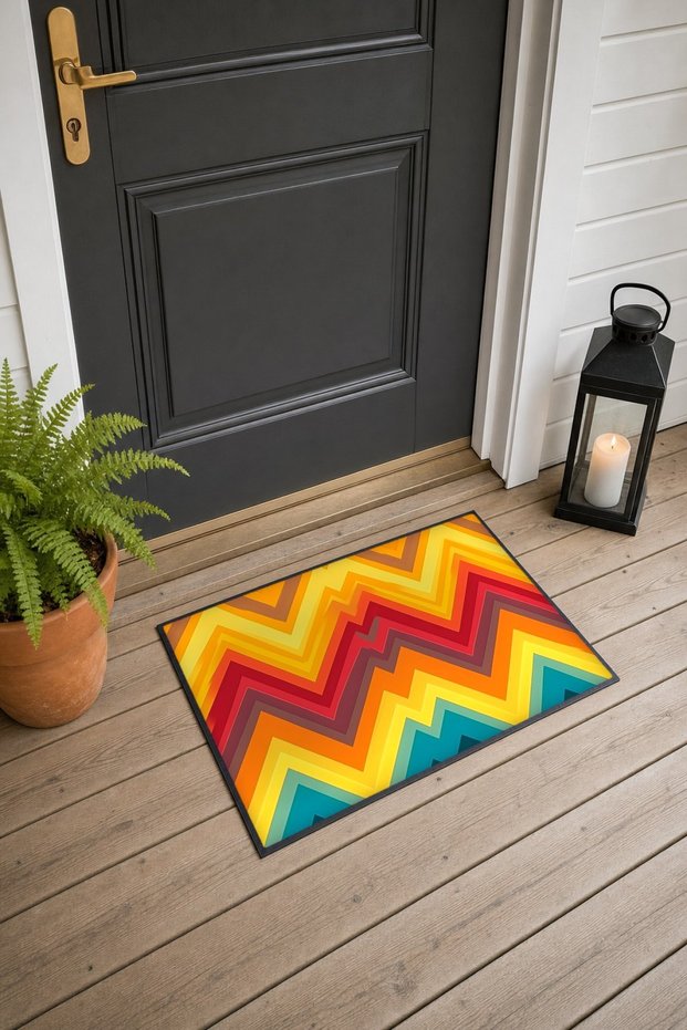 Orange, Red, and Turquoise Zigzag Patterned Chevron Door Mat, 40x60 cm, with Non-Slip Sole, Decorative