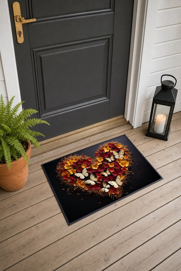 Red and Yellow Butterfly Garden Patterned Doormat, 40x60 cm, Non-Slip Sole, Decorative