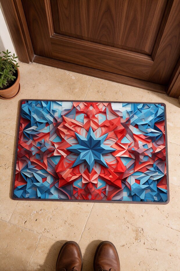 Red and Blue Star-Patterned Turkish Rug-Style Doormat, 40x60 cm, with Non-Slip Sole