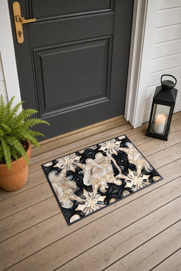Black Cream Pearl Shell Rosette-Patterned Doormat, 40x60 cm, with Non-Slip Sole, Decorative