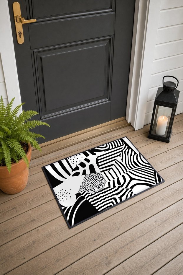 Black and White Op Art Collage-Patterned Doormat, 40x60 cm, with Non-Slip Sole, Decorative