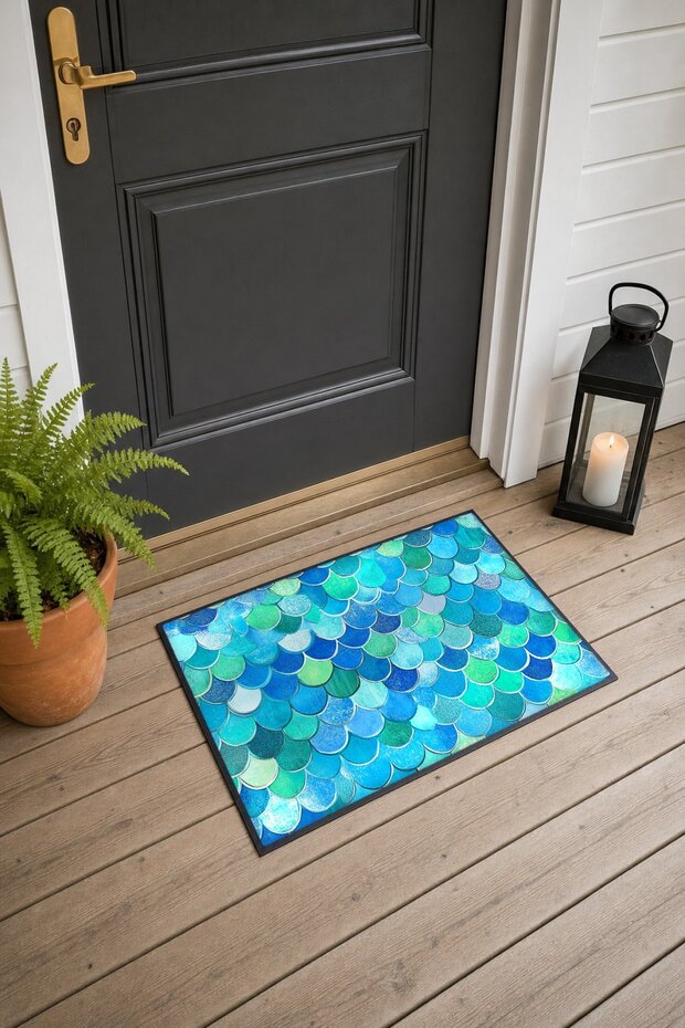 Turquoise Blue Mermaid-Patterned Doormat, 40x60 cm, with Non-Slip Sole, Decorative