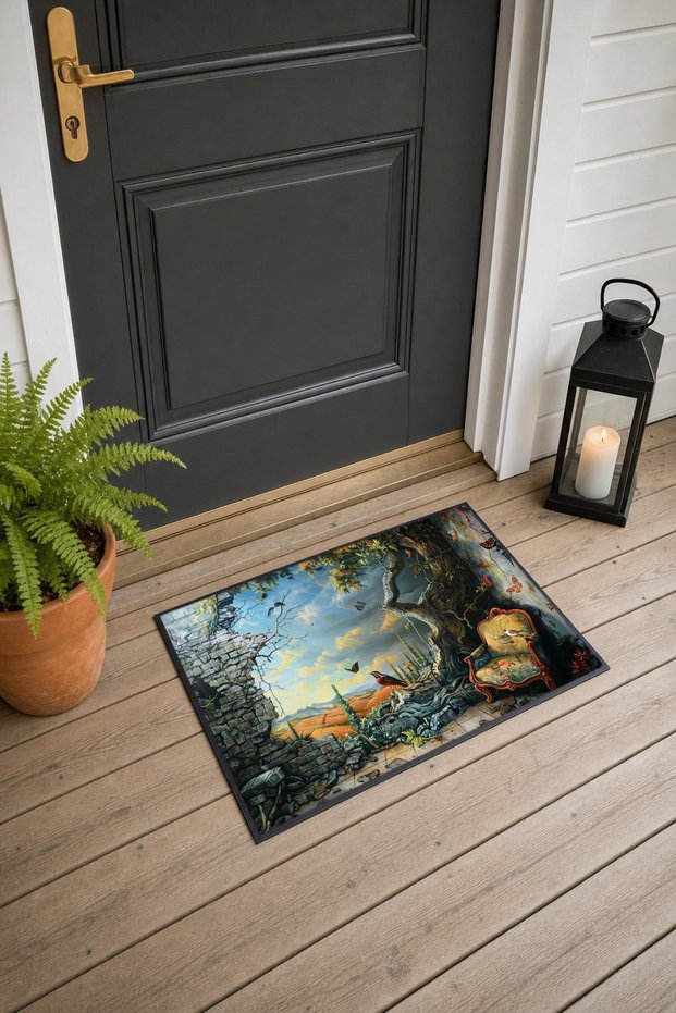 Green and Red Nature Scenery Patterned Doormat, 40x60 cm, with Non-Slip Sole, Decorative