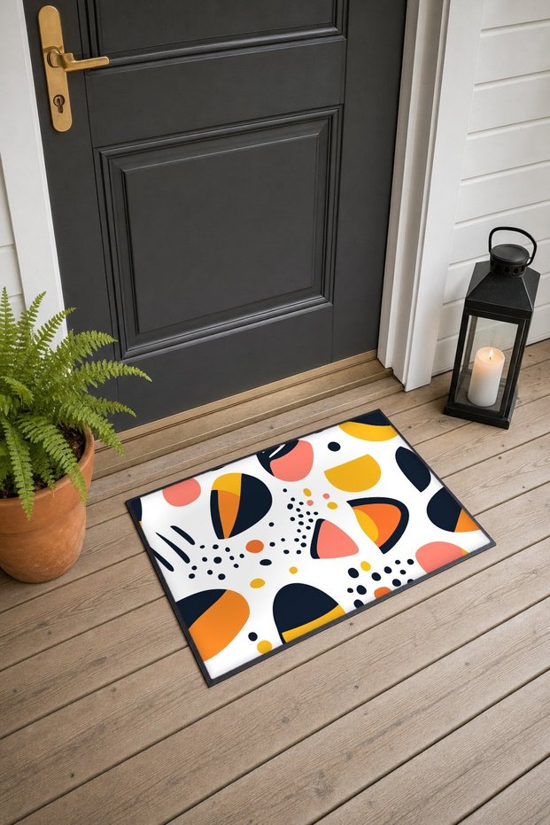 White and Orange Memphis-Style Patterned Doormat, 40x60 cm, with Non-Slip Sole, Decorative