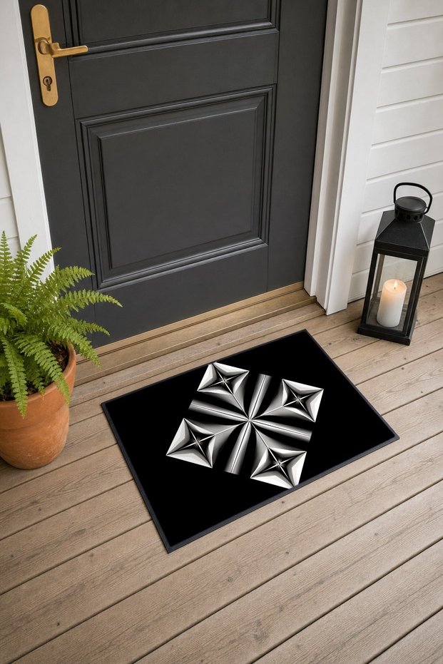 Black and White Geometric Patterned 934 Doormat, 40x60 cm, Non-Slip Sole, Decorative