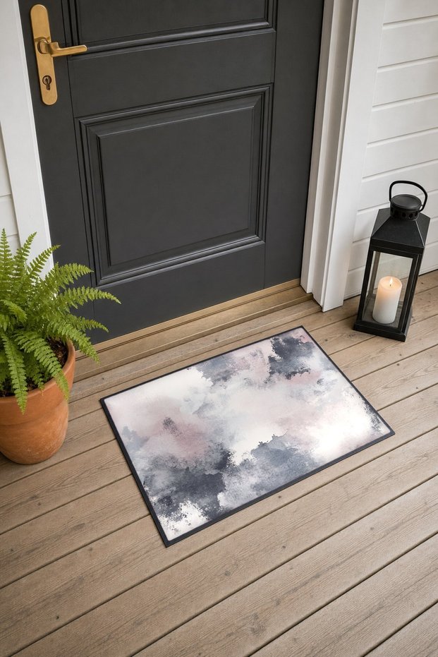 Gray and Pink Watercolor Smoke-Patterned Doormat, 40x60 cm, with Non-Slip Sole, Decorative