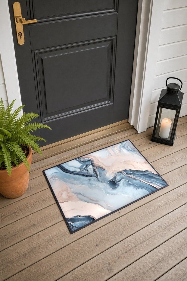 Ice Blue Powdered Marble Patterned Doormat, 40x60 cm, with Non-Slip Sole, Decorative