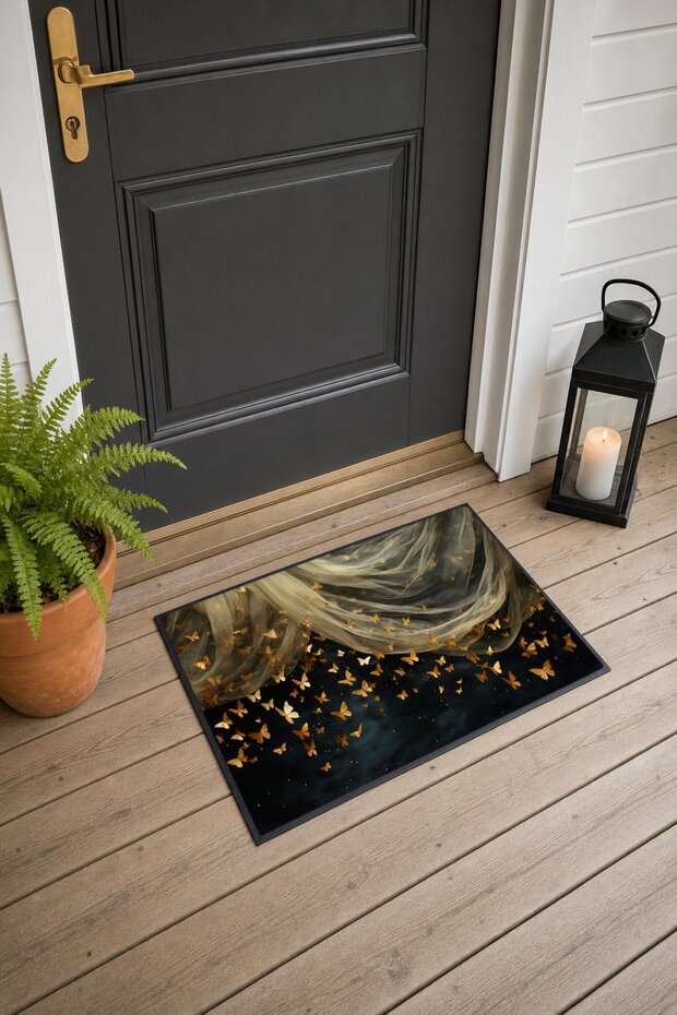 483 Golden Butterfly Dance Pattern Doormat, 40x60 cm, Non-Slip Sole, Decorative