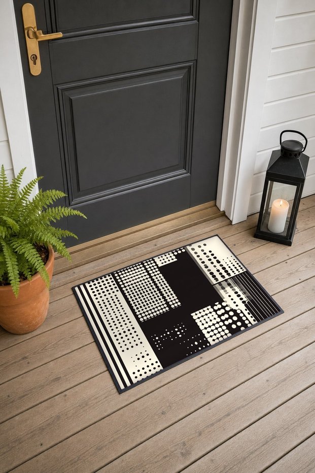 Black Cream Half-Tone Dot-Patterned Doormat, 40x60 cm, with Non-Slip Sole, Decorative