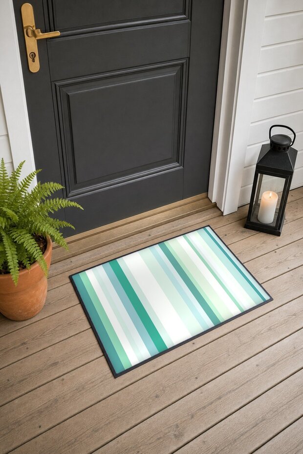 White and Green Vertically Striped Pattern Doormat, 40x60 cm, with Non-Slip Sole, Decorative