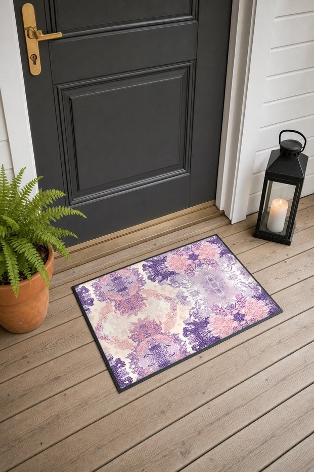 Lilac-Pink Mirror-Symmetrical Floral Print Doormat, 40x60 cm, with Non-Slip Sole, Decorative
