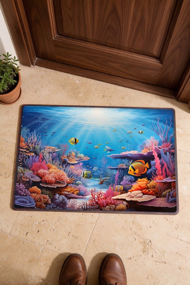 Blue Coral Garden Patterned Doormat, 40x60 cm, with Non-Slip Sole, Decorative