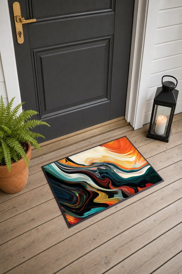 Orange and Turquoise Fluid Wave Pattern Doormat, 40x60 cm, with Non-Slip Sole, Decorative