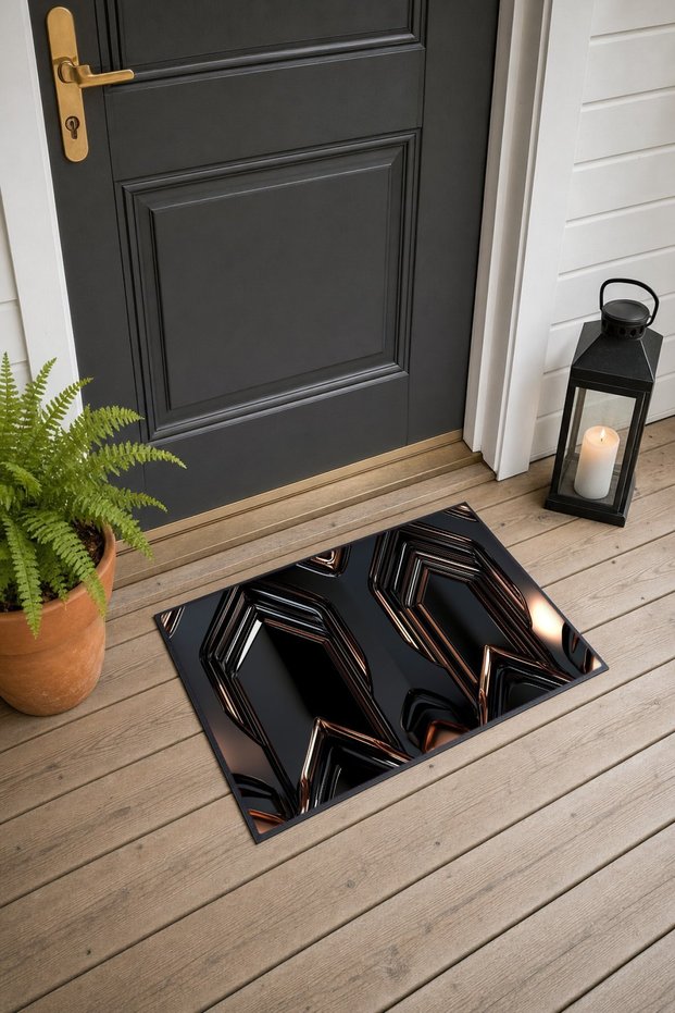 Black Copper Metallic Zigzag Patterned Doormat, 40x60 cm, with Non-Slip Sole, Decorative