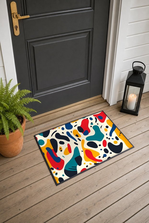 Cream, Red, and Turquoise Pop-Print Doormat, 40x60 cm, with Non-Slip Sole, Decorative