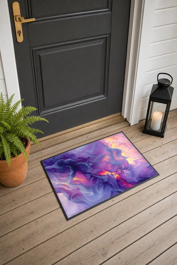 Purple-Lilac Smoke Cloud Patterned Doormat, 40x60 cm, with Non-Slip Sole, Decorative