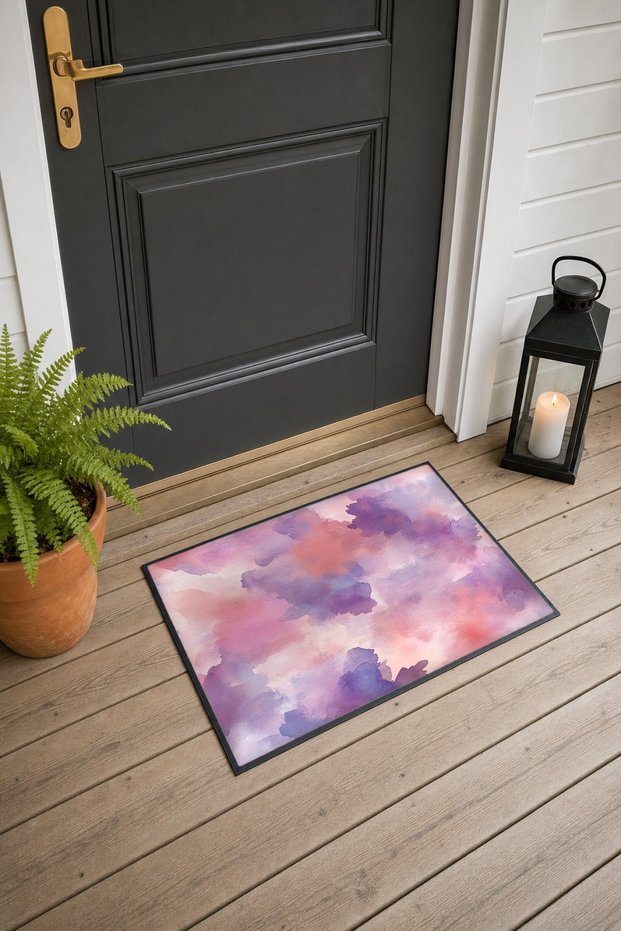 Lilac-Pink Watercolor Cloud-Patterned Doormat, 40x60 cm, with Non-Slip Sole, Decorative