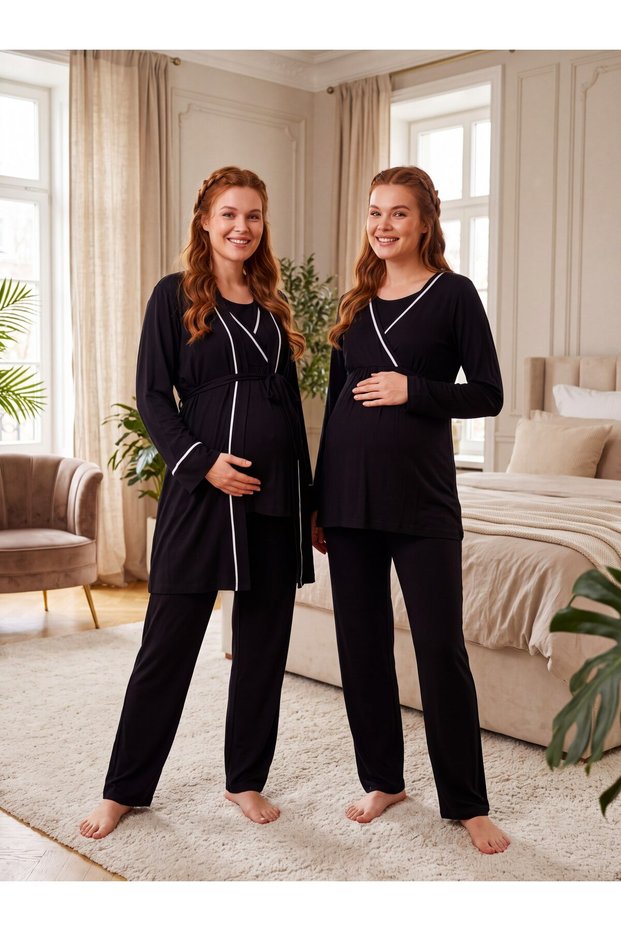 New Season Black Double-Breasted Wrap Neckline Nursing-Friendly Specially Designed Long-Sleeve 100% Cotton Maternity and Postpartum Robe and Pajama Set
