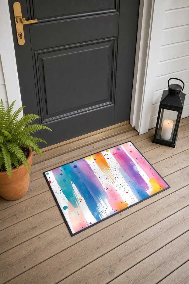 Pink Turquoise Watercolor Brush-Patterned Doormat, 40x60 cm, Non-Slip Sole, Decorative