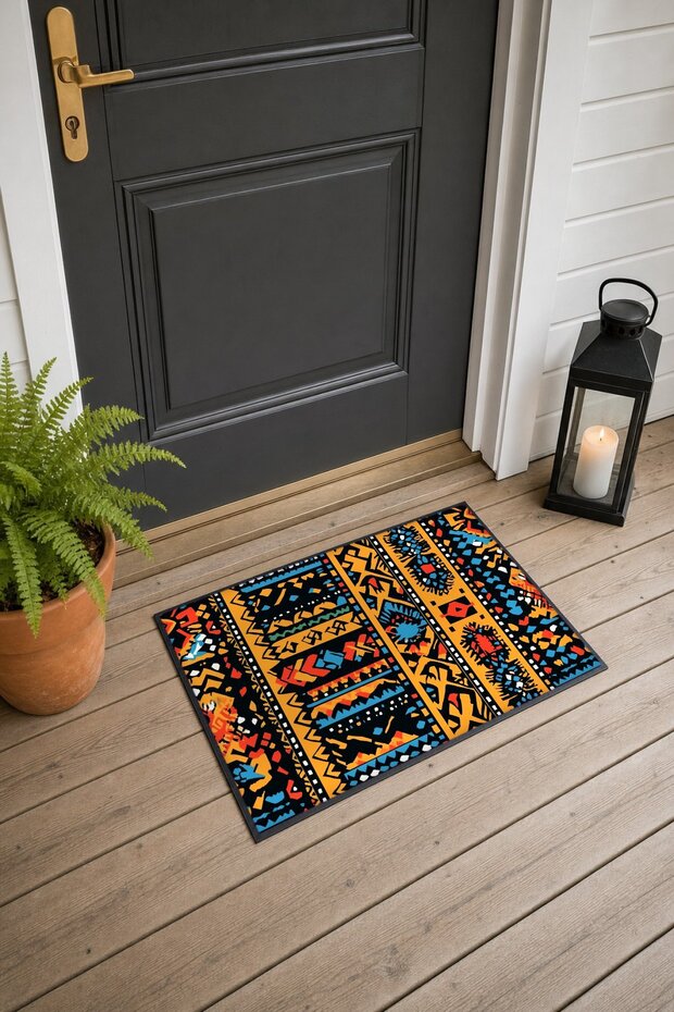 Mustard Blue Ethnic Patterned Doormat, 40x60 cm, with Non-Slip Sole, Decorative