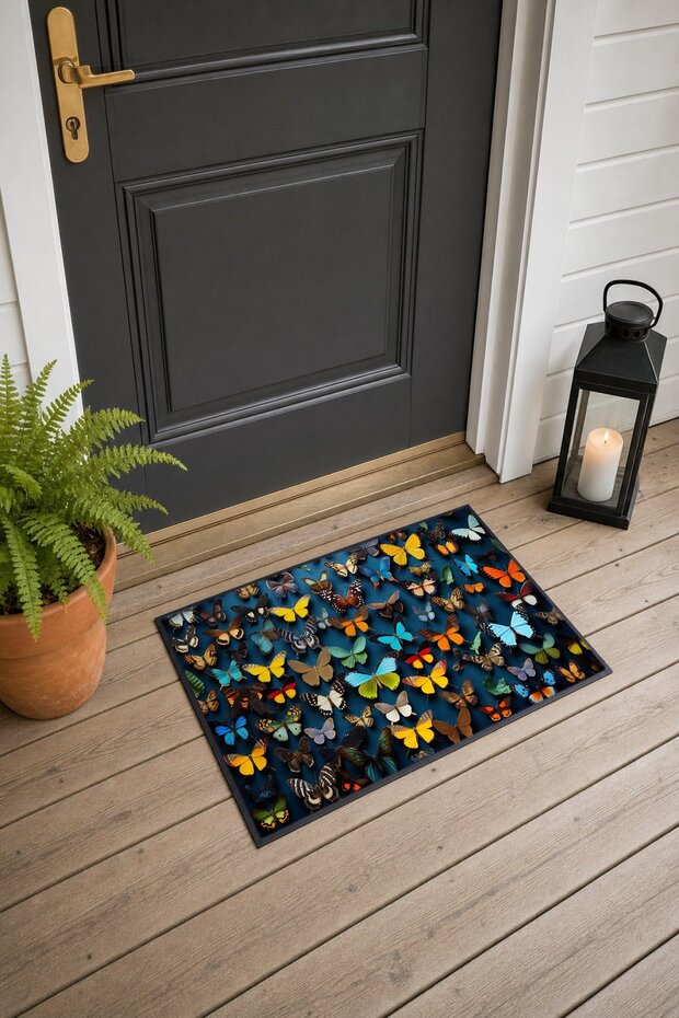 541 Colorful Butterfly-Patterned Doormat, 40x60 cm, with Non-Slip Sole, Decorative