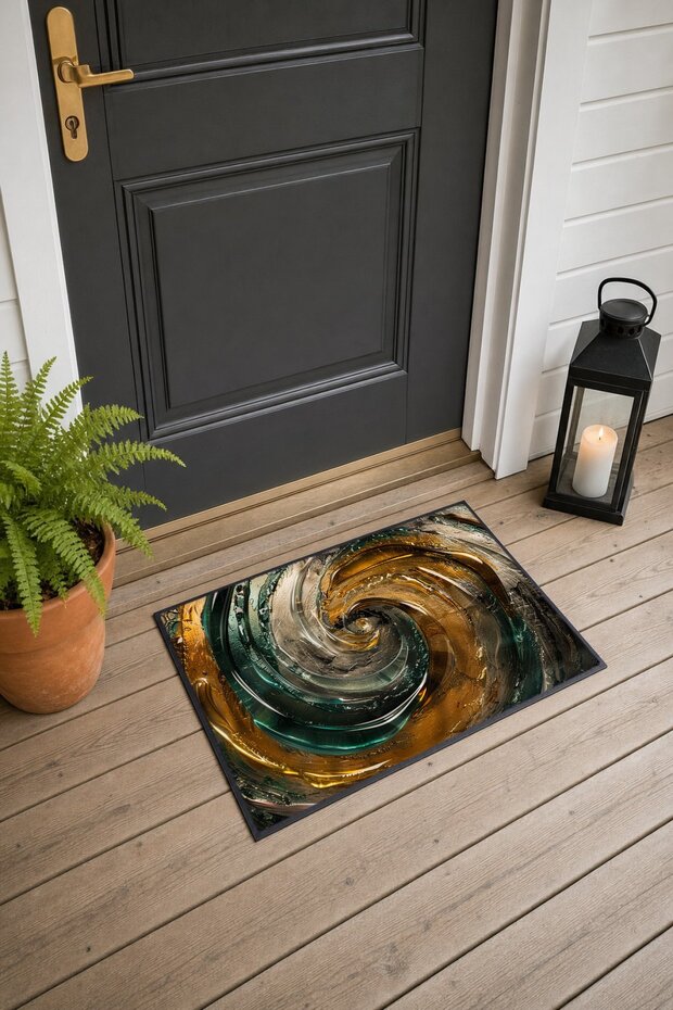 Gold and Green Waves Patterned Doormat, 40x60 cm, with Non-Slip Sole, Decorative