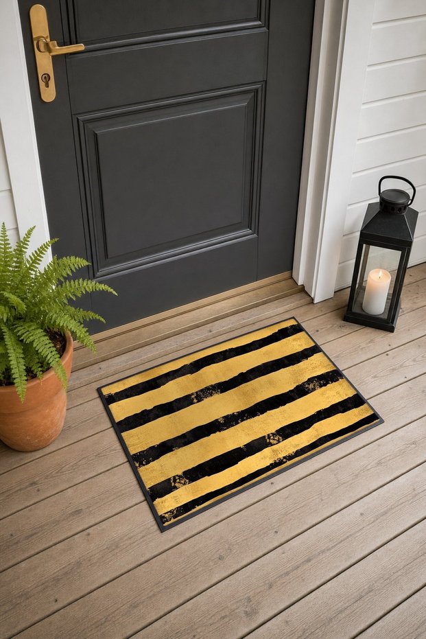 Mustard-Colored Black Leopard-Striped Pattern Doormat, 40x60 cm, with Non-Slip Sole, Decorative