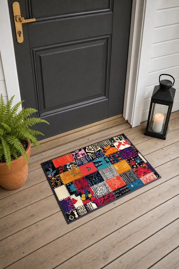 Colorful Patchwork Checked Doormat, 40x60 cm, with Non-Slip Sole, Decorative