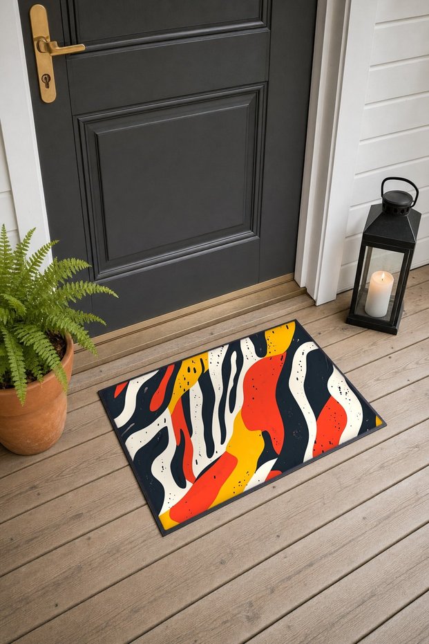 Red and Yellow Zebra-Flame Patterned Doormat, 40x60 cm, with Non-Slip Sole, Decorative