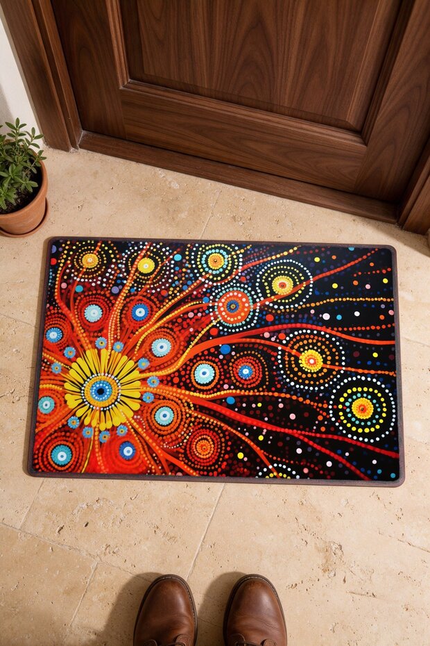 Red and Yellow Wavy Pattern Doormat, 40x60 cm, Non-Slip Sole, Decorative