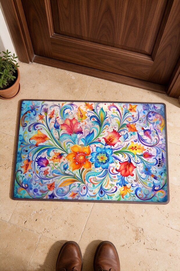 Colorful Flower Garden Turkish Rug-Floral Print 717 Doormat, 40x60 cm, with Non-Slip Sole