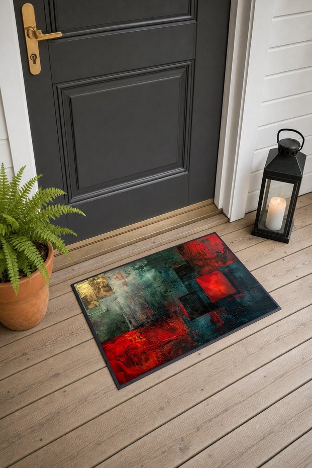 Red and Green Abstract Patterned Doormat, 40x60 cm, with Non-Slip Sole, Decorative