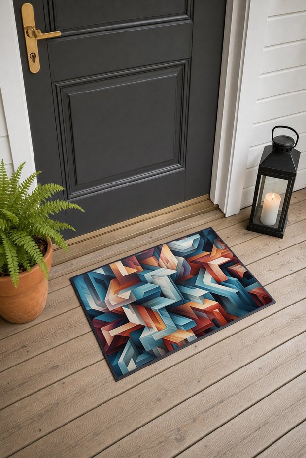 Blue and Orange Geometric Patterned Doormat, 40x60 cm, with Non-Slip Sole, Decorative