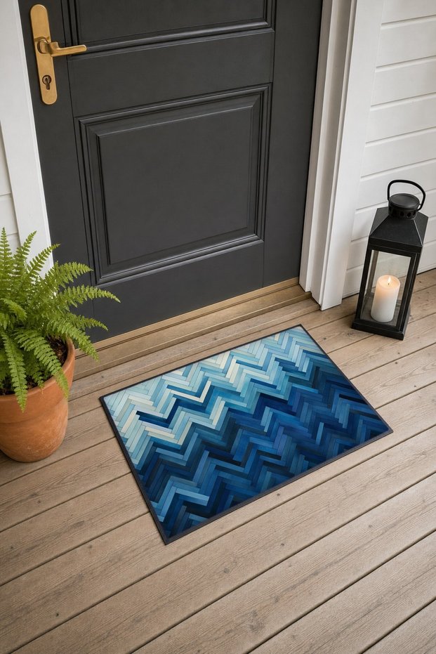 Blue Zigzag-Patterned Doormat, 40x60 cm, with Non-Slip Sole, Decorative