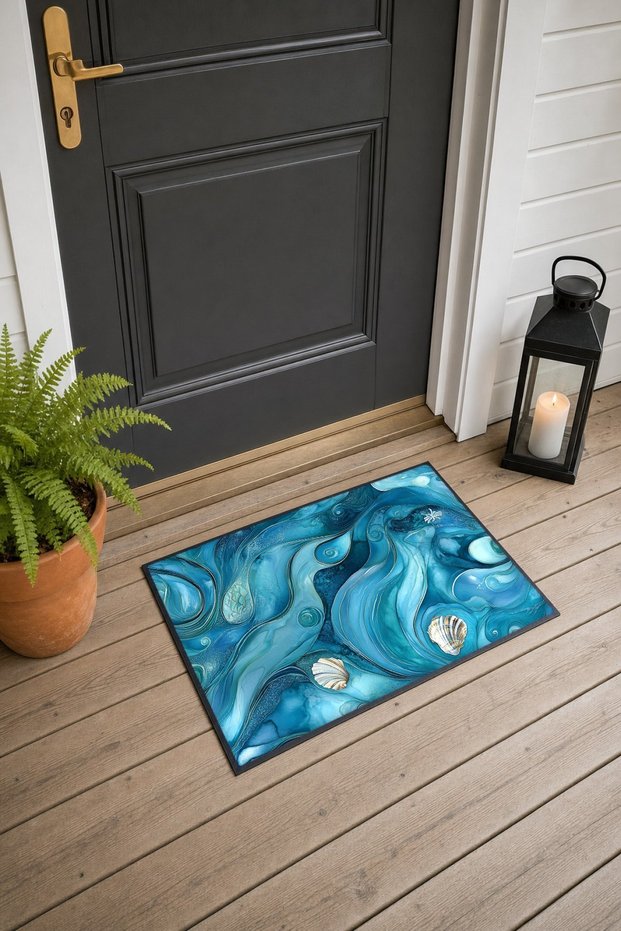 Turquoise Fluid Seashell-Patterned Doormat, 40x60 cm, with Non-Slip Sole, Decorative