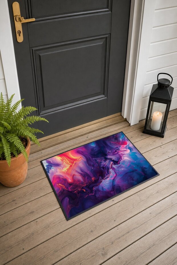 Purple and Navy Blue Cosmic Fluid-Patterned Doormat, 40x60 cm, with Non-Slip Sole, Decorative