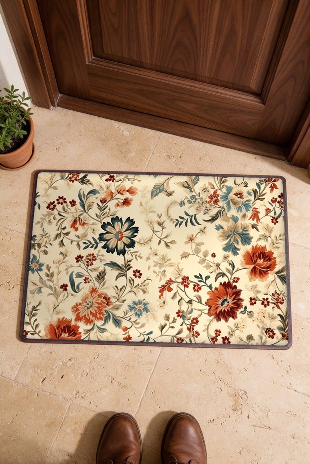Vintage Flowers on a Cream Background: Turkish Rug-Patterned Doormat, 40x60 cm, with Non-Slip Sole