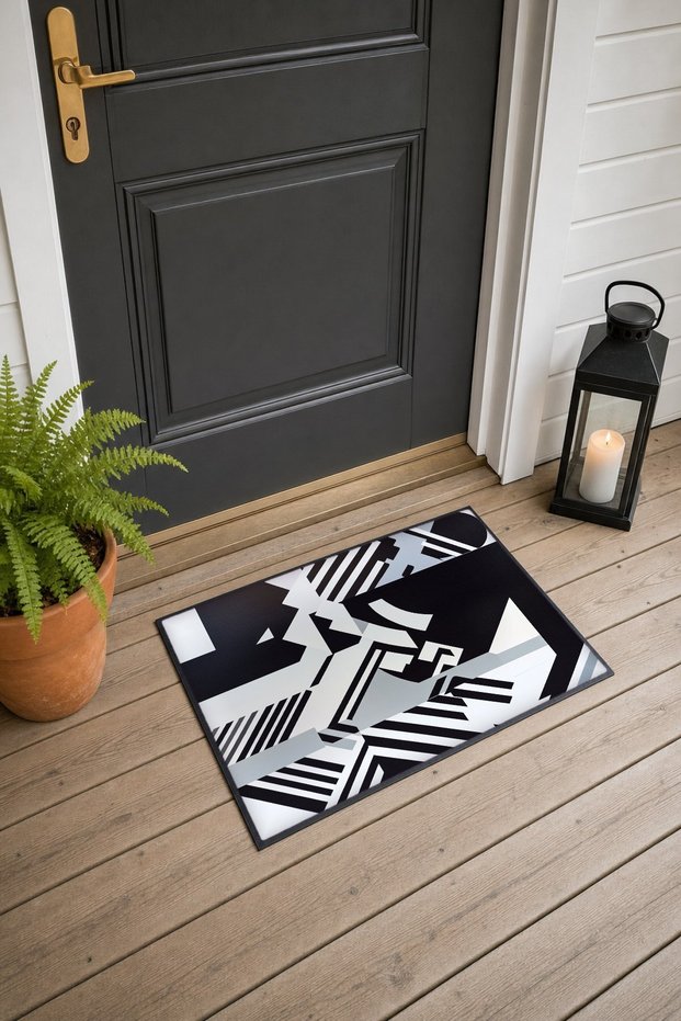 Black and White Striped Abstract Patterned Doormat, 40x60 cm, with Non-Slip Sole, Decorative
