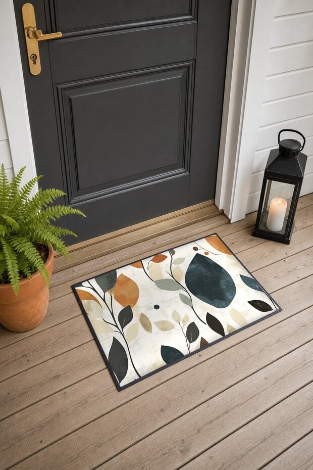 Cream, Navy Blue, and Orange Door Mat with Leaf and Branch Pattern, 40x60 cm, Non-Slip Sole, Decorative