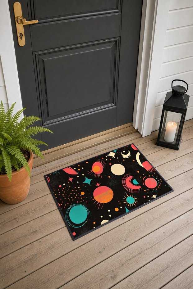 Black-Backed Retro Space Planet-Patterned Doormat, 40x60 cm, with Non-Slip Sole, Decorative