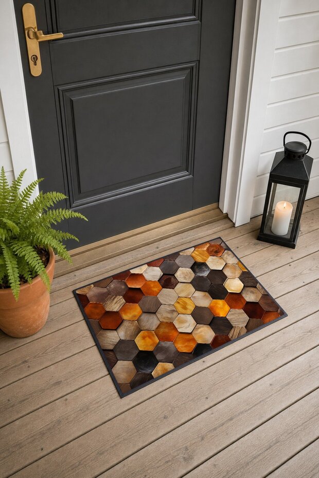 Brown Hexagonal Textured Door Mat, 40x60 cm, with Non-Slip Sole, Decorative