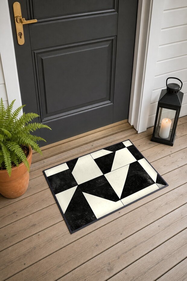 Black Cream Door Mat with Geometric Patterned Triangle Design, 40x60 cm, Non-Slip Sole, Decorative