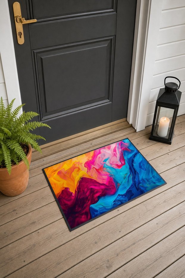 Fuchsia and Blue Fluid Paint Patterned Doormat, 40x60 cm, with Non-Slip Sole, Decorative